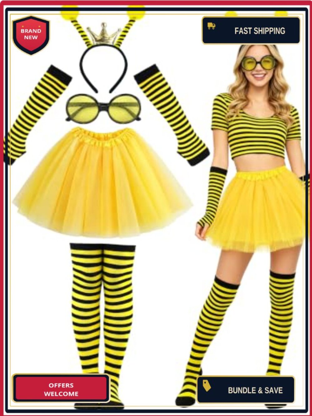 Bee Costume Set Tutu Skirt Headband Sunglasses Socks Adult Halloween